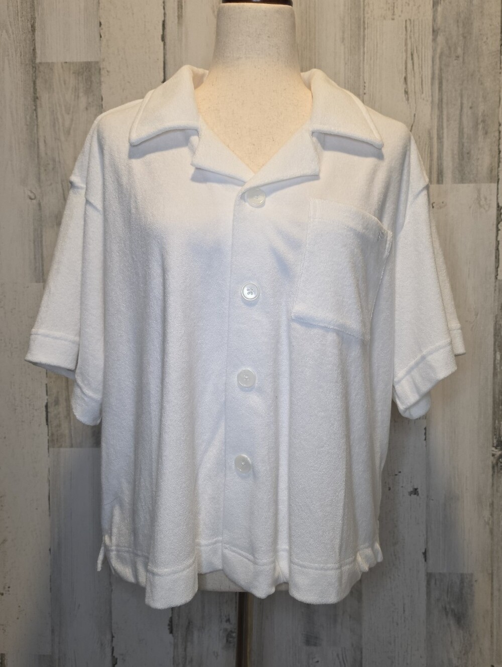 Fabletics Island Terry Boxy Button Up Shirt White Large NWT Terry Cloth Resort L